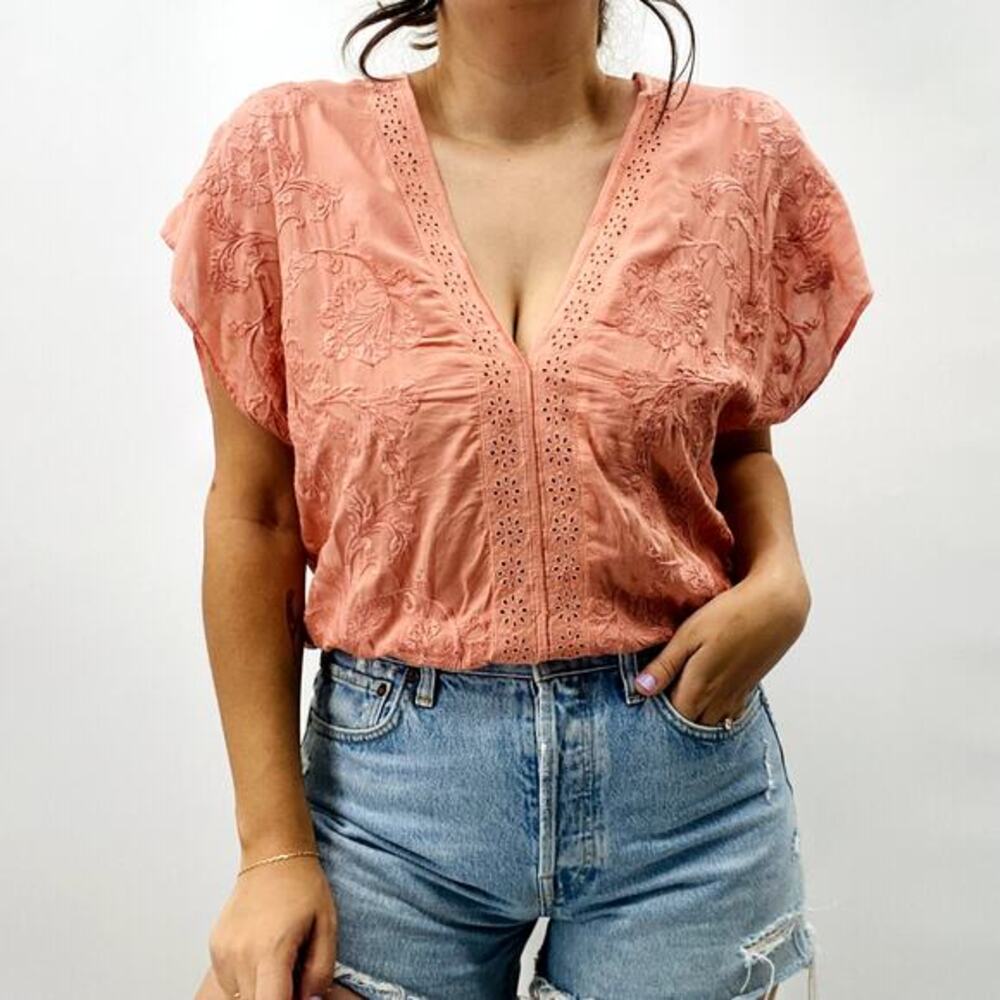 Free People s Coral Embroidered Bodysuit Blouse